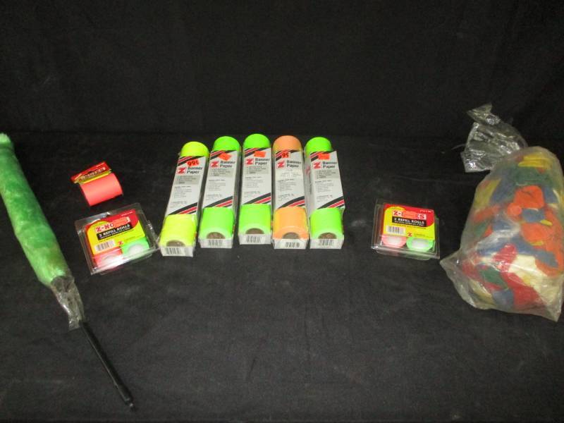 lot 28 image: Floresent Rolls of paper, bobcat ballons, a duster,