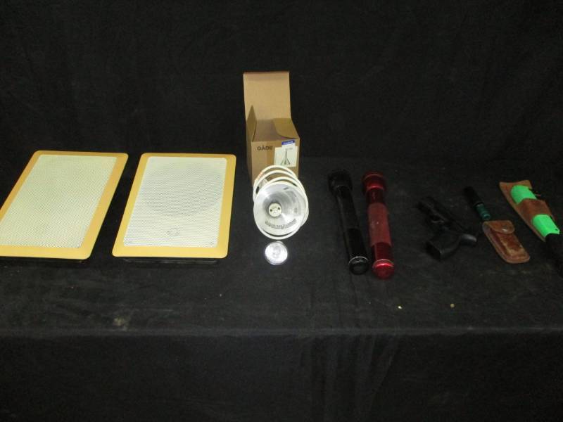 lot 32 image: Speakers, Flashlights, knives, gun, sport calls and more