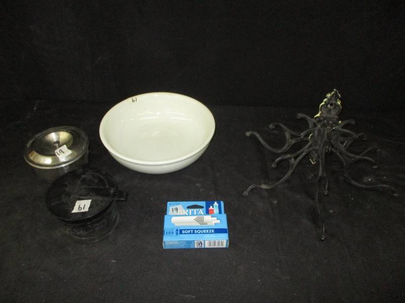 lot 35 image: Cast Iron Metal Hanger, Misc dishes, containers