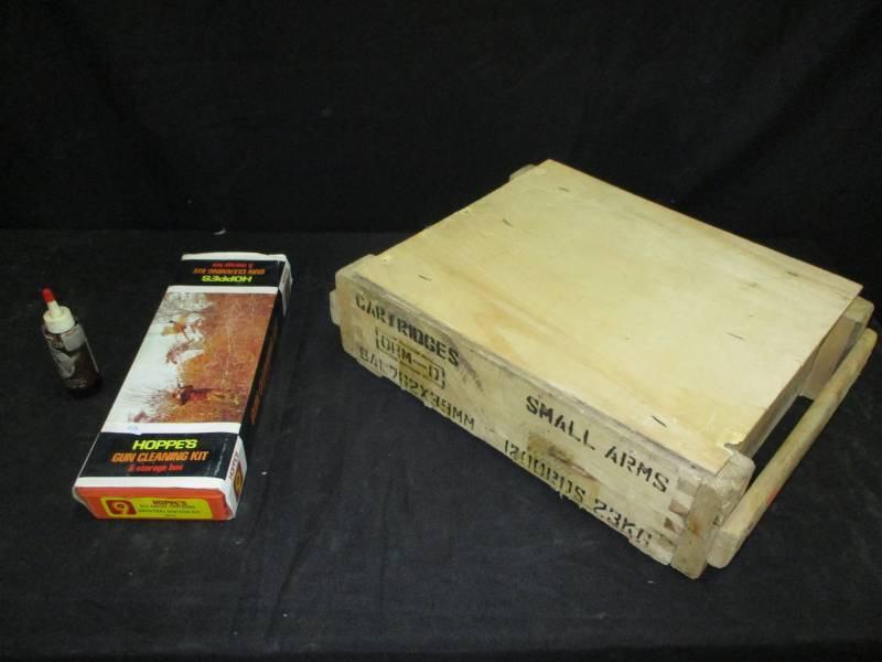 lot 96 image: Small Arms Ammo Crate and gun cleaning kit