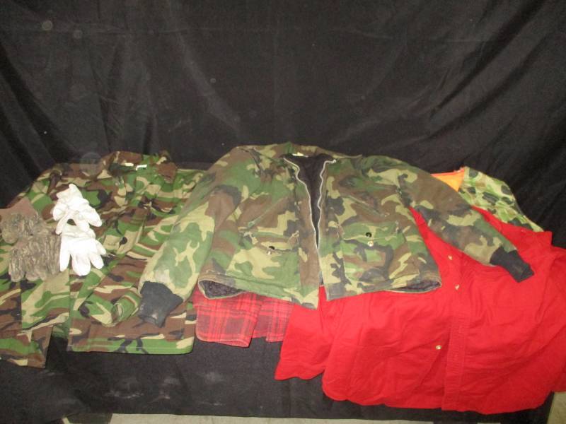 lot 99 image: Cammoflauge 38-40 Nice Military shirt, Cammo Vest, Cammo Insulated coat Field n Forest 2 red shirts 1 sz xl,