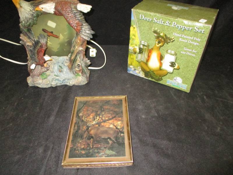 lot 109 image: Deer Picture, Deer Salt and Pepper Set and Eagle light up Dcor