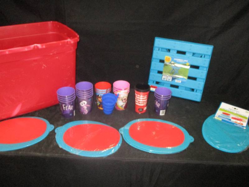 lot 120 image: Kids table, tub and all the Disney Glassesutting boards