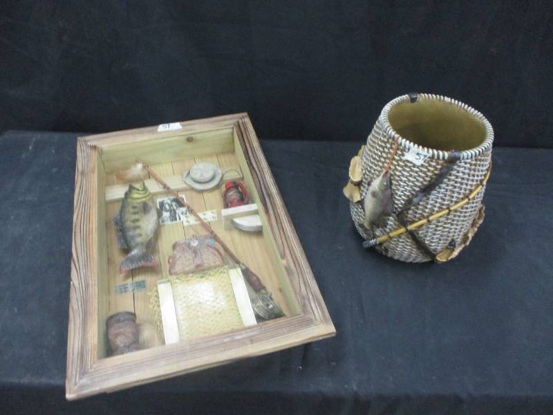 lot 123 image: Shadow box of Fishing things and garbage can