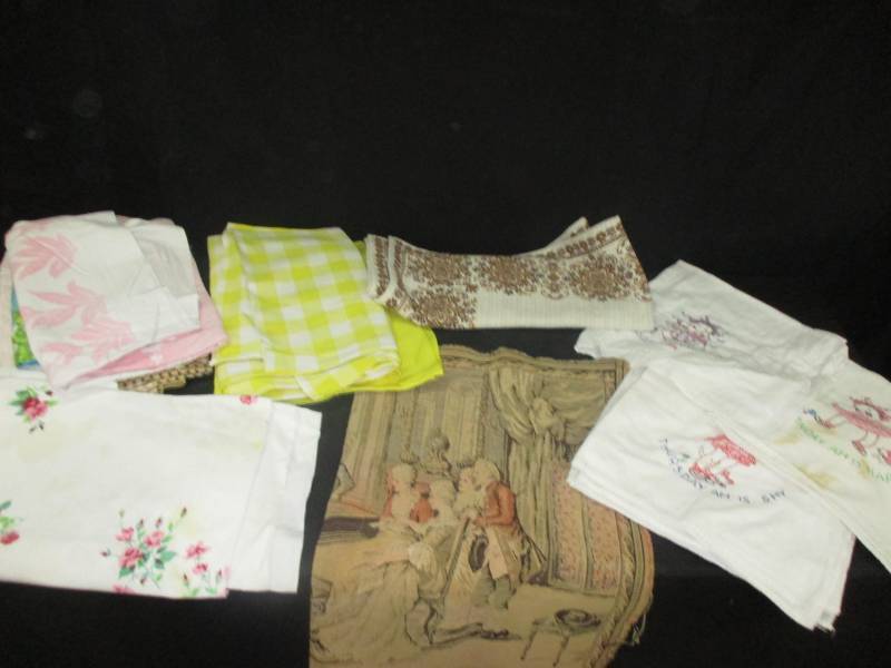 lot 139 image: Flower Sack Towels missing Wednesday of the days of the week, Tapestry and table clothes