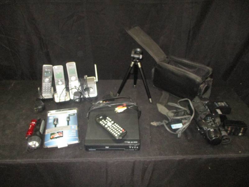 lot 143 image: Video Recorder, Chordless phones, tripod, DVD Player. Flashlights and chords,