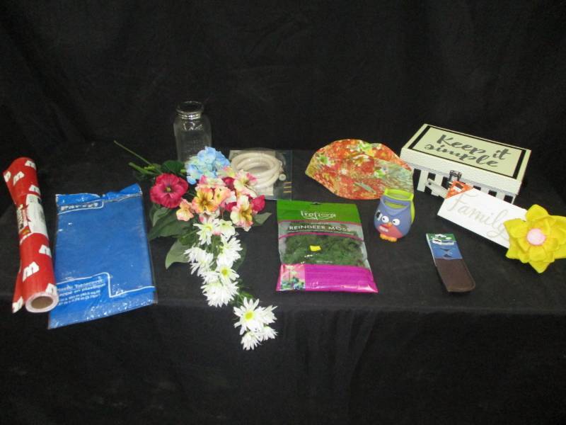 lot 187 image: Keep it simple box, flowers, solar jar light, Dcor Table cloth and more