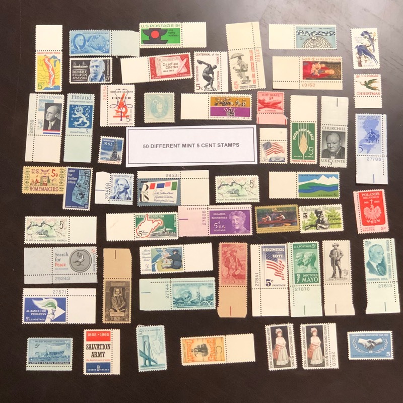 (50) Different Mint 5-Cent U.S. Stamps