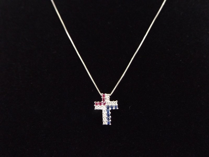 14k White Gold Diamond, Sapphire, and Ruby Cross Pendant Necklace