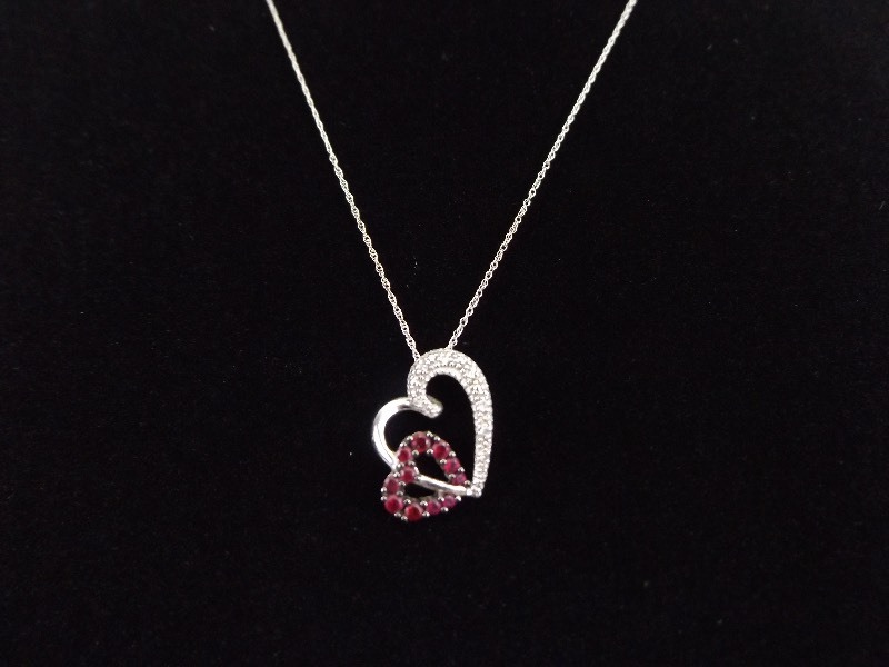 10k White Gold Diamond and Ruby Heart Pendant Necklace