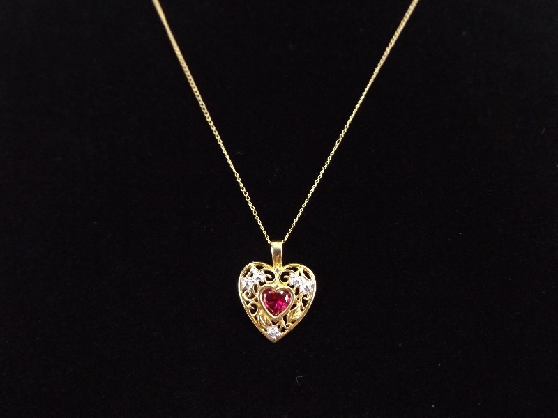 10k Yellow Gold Red Garnet Diamond Accented Heart Pendant Necklace