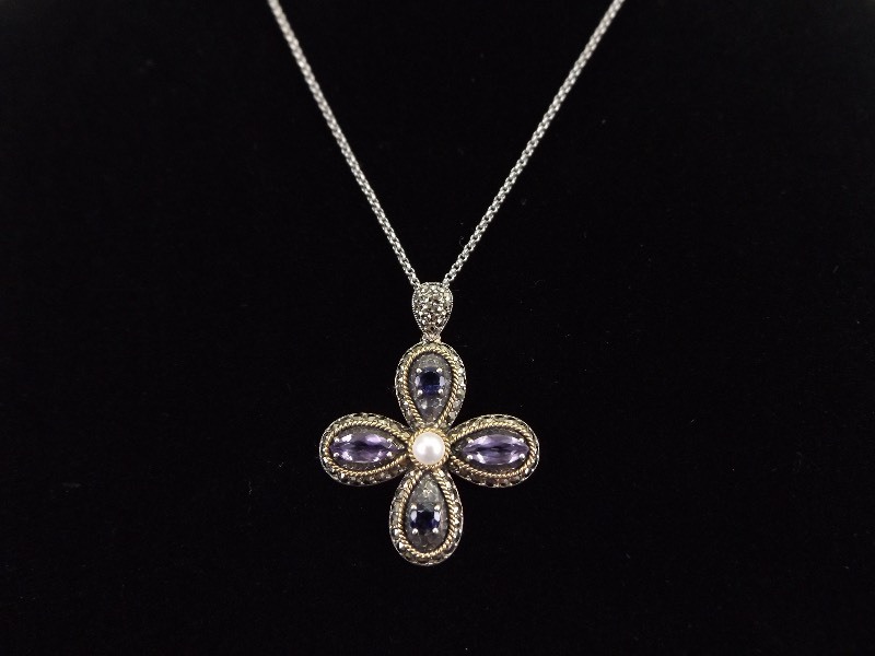 .925 Sterling Silver Judith Jack Art Nouveau Amethyst Cross Pendant Necklace