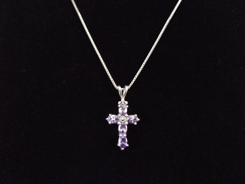 .925 Sterling Silver Faceted Amethyst Cross Pendant Necklace
