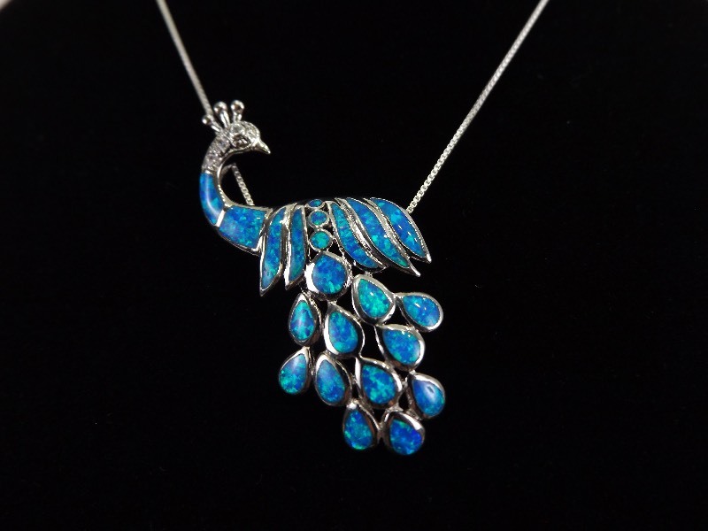 .925 Sterling Silver Opal Peacock Pendant Necklace