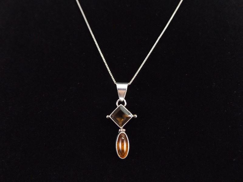 .925 Sterling Silver Smokey Quartz and Amber Pendant Necklace