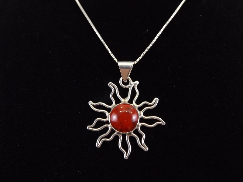.925 Sterling Silver Red Coral Southwest Sun Pendant Necklace