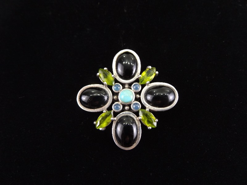 .925 Sterling Silver Multi Stone Cabochon Brooch Pendant Combination