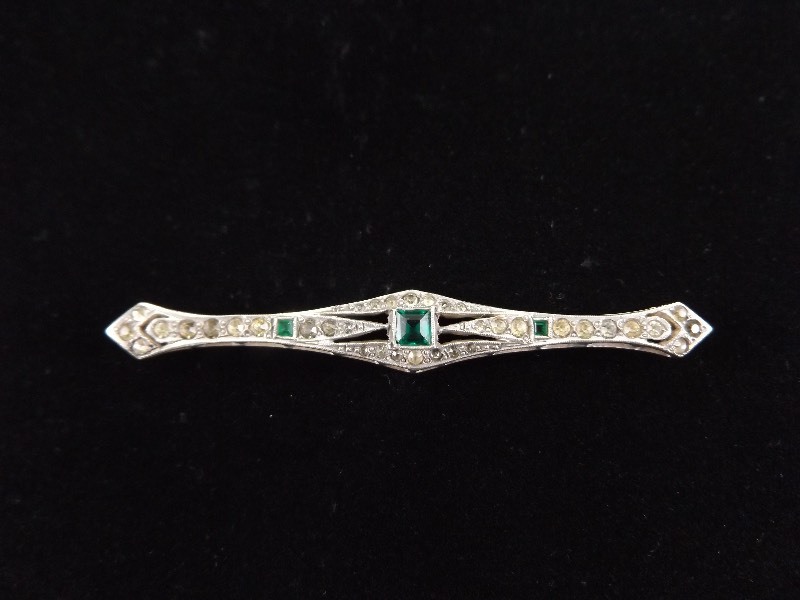 Antique .925 Sterling Silver Art Nouveau Emerald Crystal Brooch