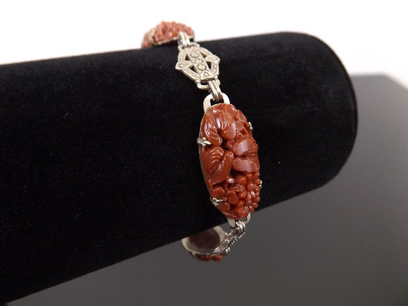 Antique .925 Sterling Silver Art Nouveau Carved Ruby Glass Bracelet