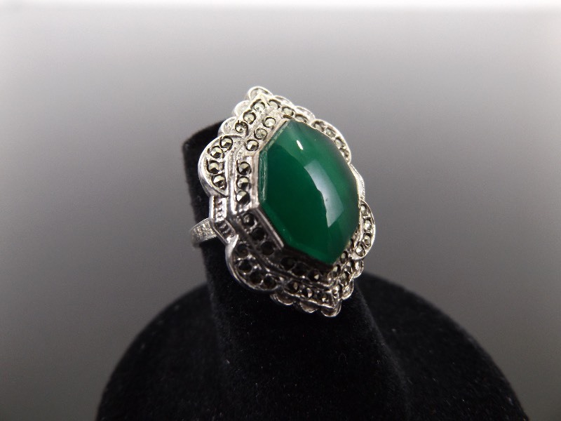 Antique .925 Sterling Silver Art Nouveau Emerald Ring Sz 5
