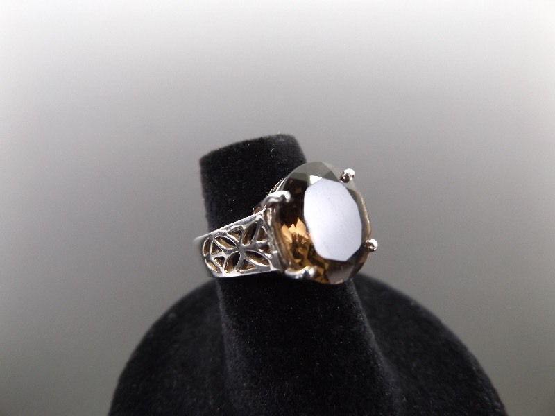 .925 Sterling Silver Faceted Smokey Quartz Ring Sz 5