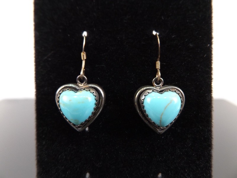 .925 Sterling Silver Turquoise Heart Dangle Earrings
