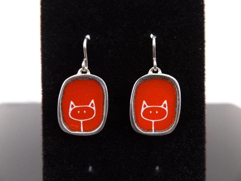 .925 Sterling Silver Enamel Stick Cat Earrings