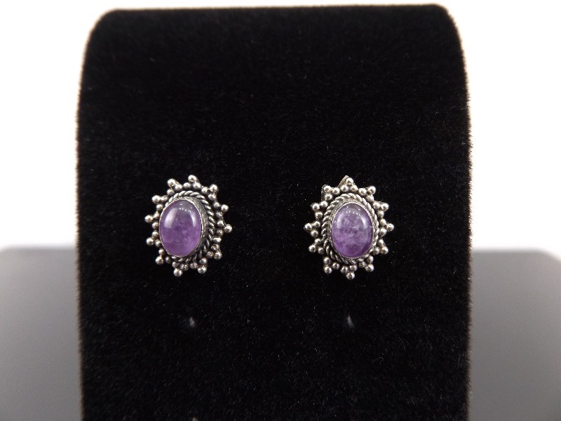 .925 Sterling Silver Amethyst Cabochon Earrings