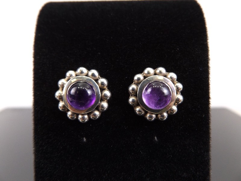 .925 Sterling Silver Amethyst Cabochon Earrings