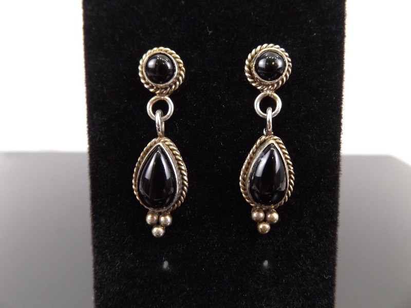 .925 Sterling Silver Black Onyx Cabochon Dangle Earrings