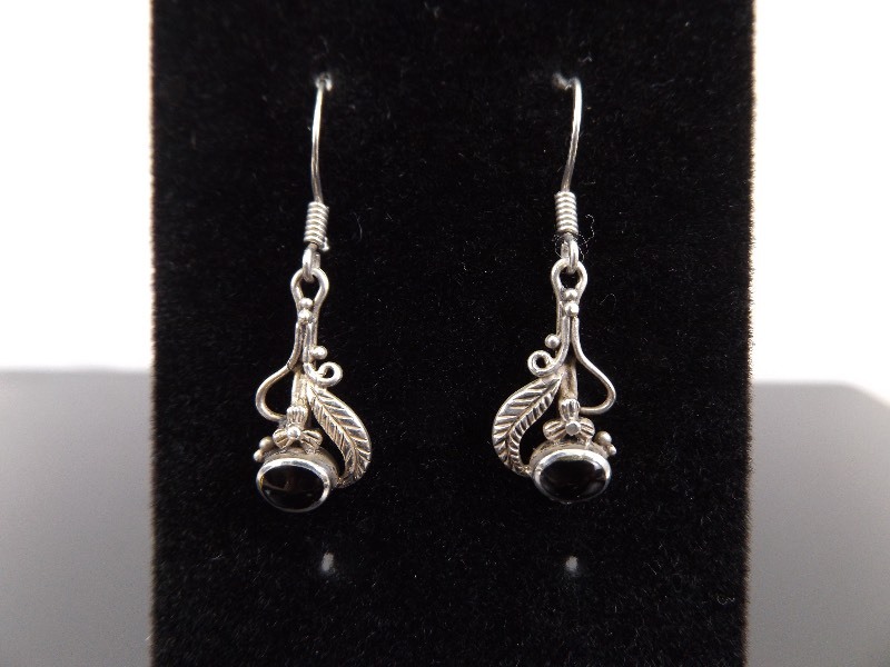 .925 Sterling Silver Black Onyx Cabochon Dangle Earrings
