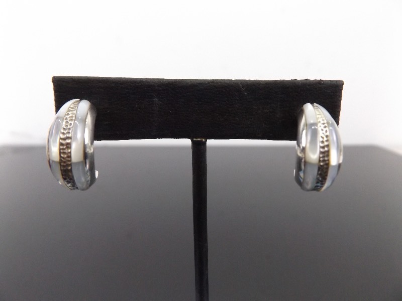 .925 Sterling Silver Inlayed Mother of Pearl Hoop Earrings