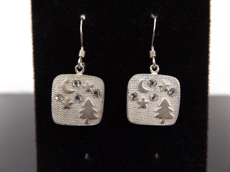 .925 Sterling Silver Moon and Stars Crystal Accented Earrings