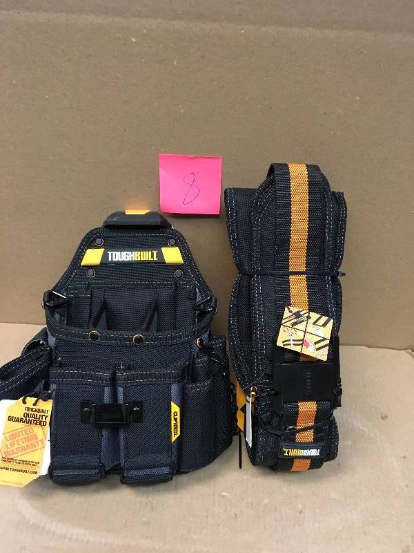 TOUGHBUILT Journeyman Electrician Pouch Shoulder Strap, BlackTOUGHBUILT 5.75 in. 0-Compartment Padded Belt Heavy Duty Buckle Back Support, Black Plus Journeyman Electrician Pouch Shoulder Strap, Black in very good condition