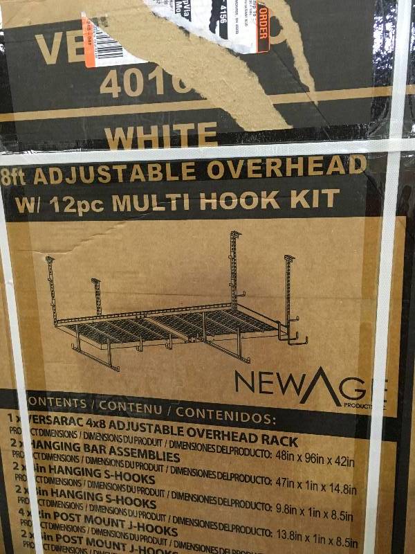 NewAge Products VersaRac 42 in. H x 48 in. W x 96 in. D Adjustable Height Garage Ceiling Mounted Storage Unit in White w12-Piece Hooks not used