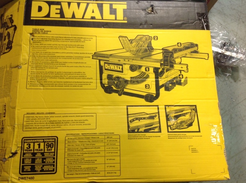 lot 102 image: DEWALT 15 Amp 10 in. Compact Job Site Table Saw not used missing fence model dwe7480