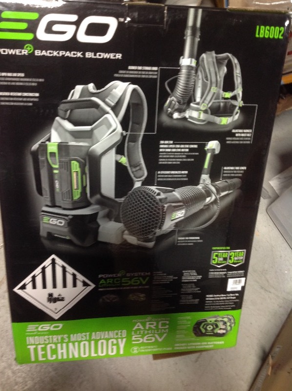 lot 103 image: EGO 145 MPH 600 CFM 56-Volt Lithium-ion Cordless Backpack Blower with 5.0Ah Battery and Charger Included in good conditions