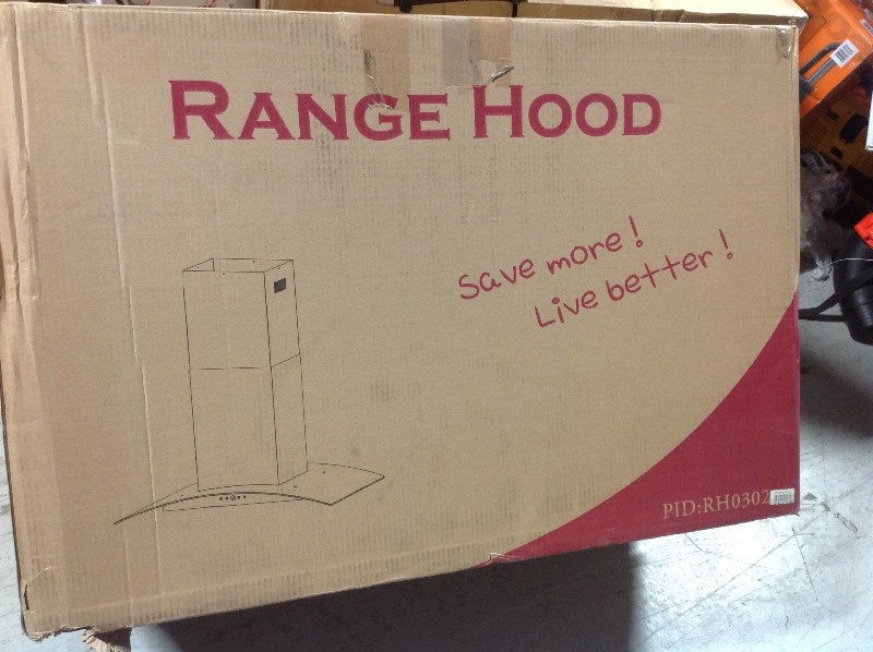 lot 106 image: AKDY 30 in. Convertible Kitchen Island Mount Range Hood in Stainless Steel with Push Control small damage stock photo used to display the unit