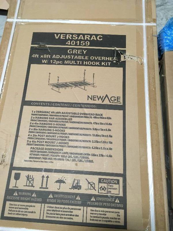 lot 32 image: NewAge Products VersaRac 42 in. H x 48 in. W x 96 in. D Adjustable Height Garage Ceiling Mounted Storage Unit in Gray in good condition