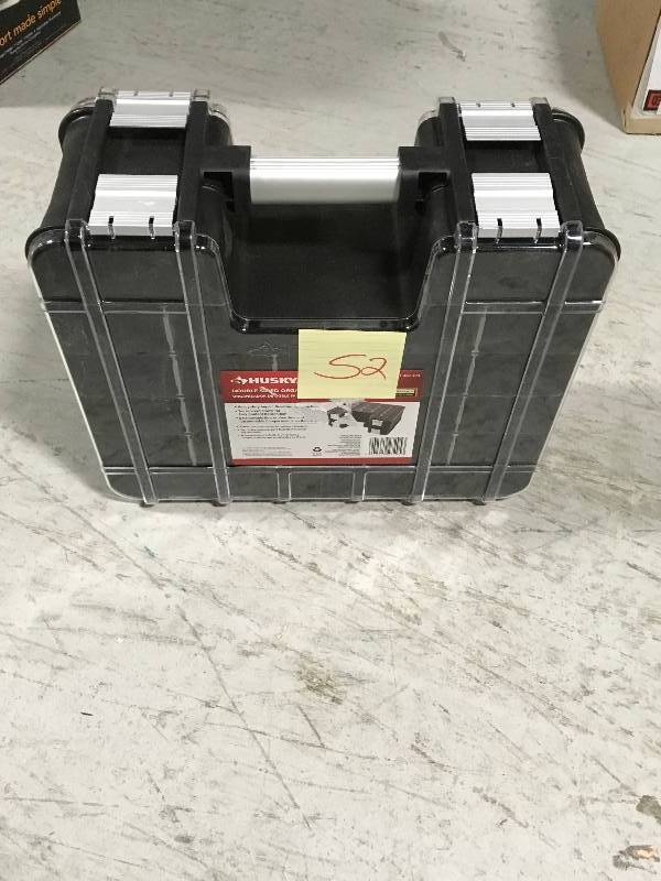 lot 52 image: Husky 15 in. x 13 in. Black Pro Double Sided Small Parts Organizer with Bins (8-Piece) in good condition