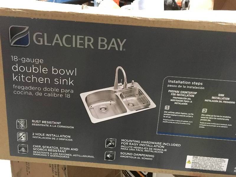 lot 72 image: Glacier Bay All-in-One Dual Mount Stainless Steel 33 in. 2-Hole Double Bowl Kitchen Sink in good condition