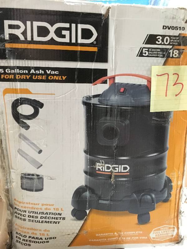 lot 73 image: RIDGID 5 Gal. 3.0-Peak HP Ash Canister Vacuum Cleaner in good condition