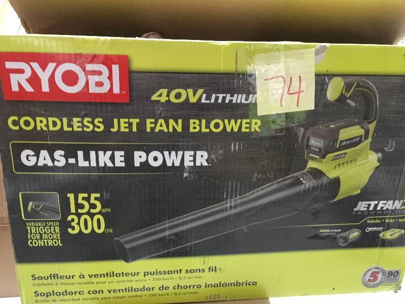 lot 74 image: RYOBI 155 MPH 300 CFM 40-Volt Lithium-Ion Cordless Jet Fan Blower - 2.6 Ah Battery and Charger Includedin good condition
