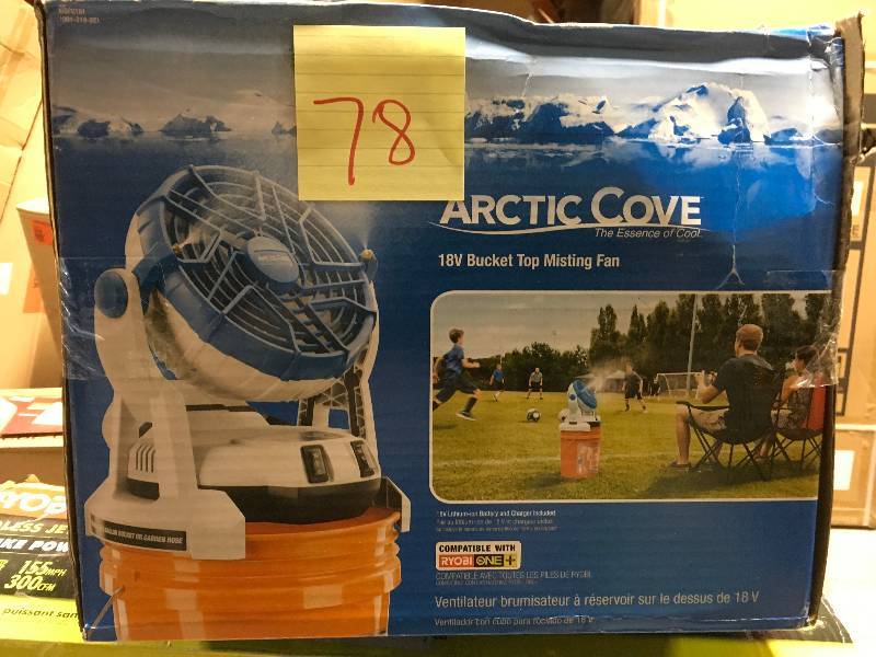 lot 78 image: Arctic Cove 18-Volt Two Speed Misting Bucket Top Fan not used