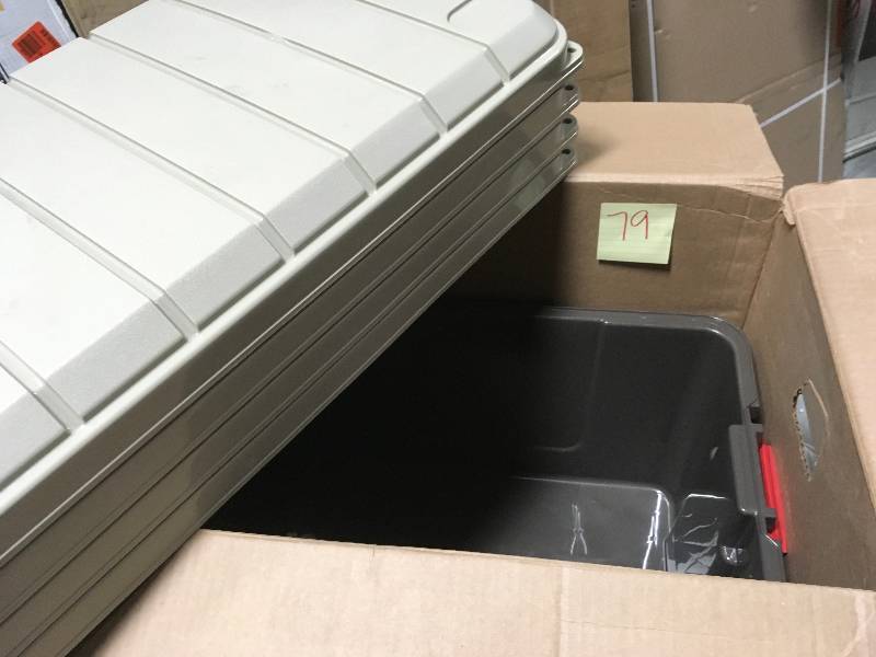 lot 79 image: IRIS 82 Qt. Weather Tight Store-It-All Storage Bin in Brown (Pack of 4) not used