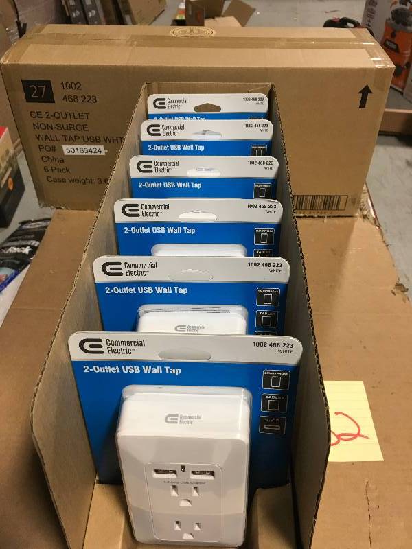 lot 82 image: Commercial Electric 4.2 Amp 2-Outlet 2-USB Wall Tap Power Station, White QTY 6 not used
