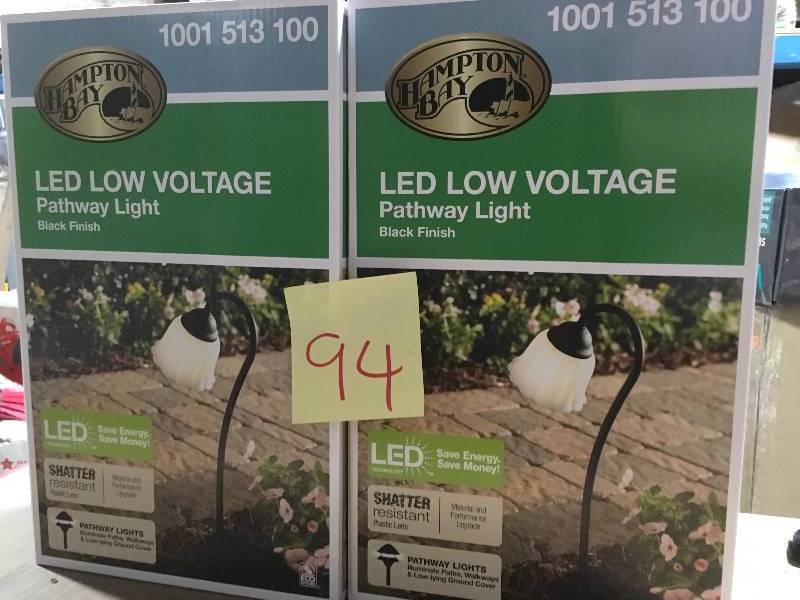 lot 94 image: Hampton Bay Low-Voltage Black Outdoor Integrated LED Black Landscape Path Light with White Tulip Shade QTY 2 not sed