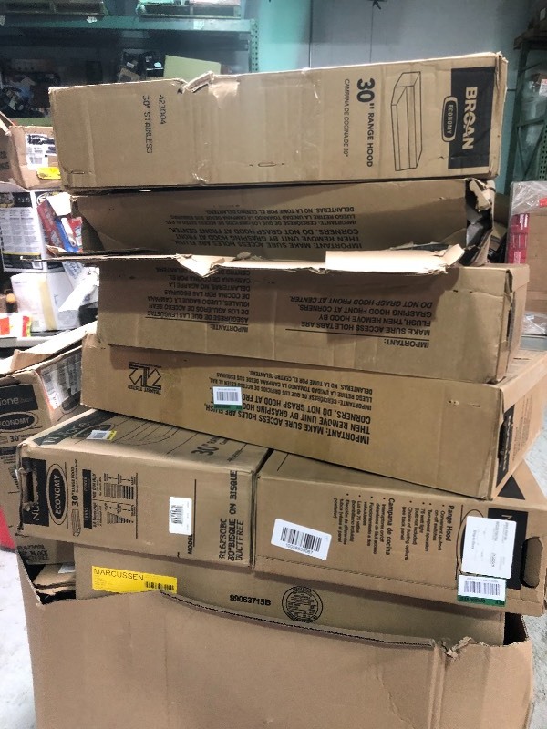 lot 112 image: WHOLESALE MIXED PALLET OF RETURNS Range Hoods all sizes and colors ( white, blank and stainless steels lot of 15