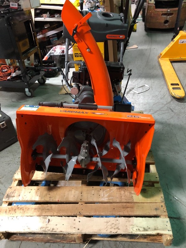 lot 115 image: YARDMAX 26 in. Two-Stage Electric Start Gas Snow Blower with Headlight damaged axle never used see pictures