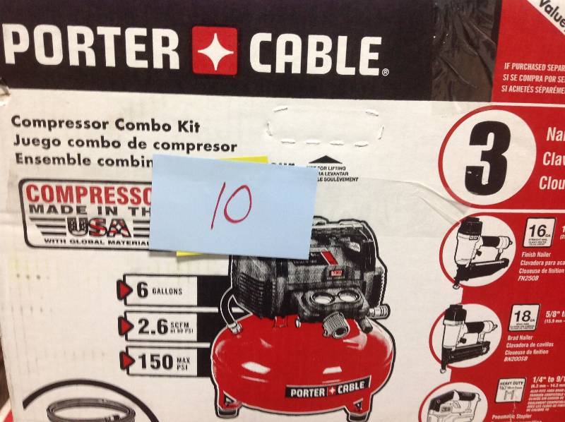 lot 10 image: Porter-Cable 6 Gal. 150 PSI Portable Electric Air Compressor, 16-Gauge Nailer, 18-Gauge Nailer and 38 in. Stapler Combo Kit (3-Tool) in good condition